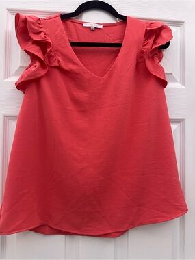 IRIS Coral Pink Ruffle Sleeve V-Neck Women's Top Size L